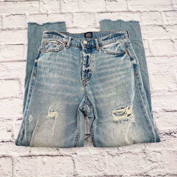 BDG Jeans Women Size 26 Light Wash High Rise Button Fly Raw Hem Slim Straight - Picture 2 of 10